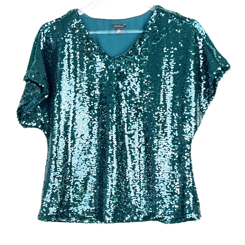 Ann Taylor Top P S Emerald Green Sequin V-Neck Top Short Sleeve  S or P Party